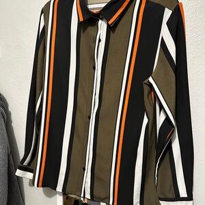 Striped Button-Up Blouse - Black, White, Orange, and Brown